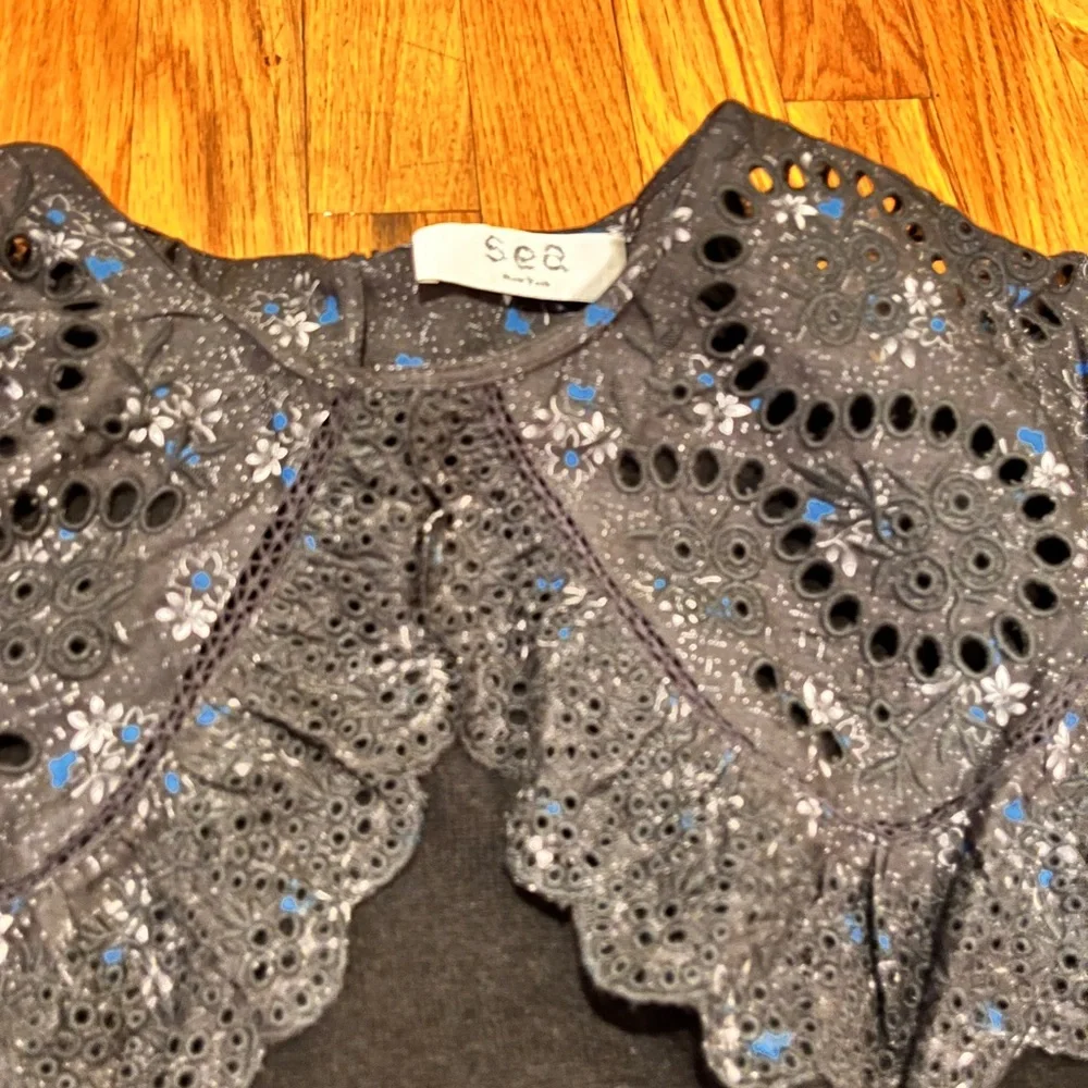 Sea dark navy Crew Neck Sweater with Lace Accents - Picture 2 of 5